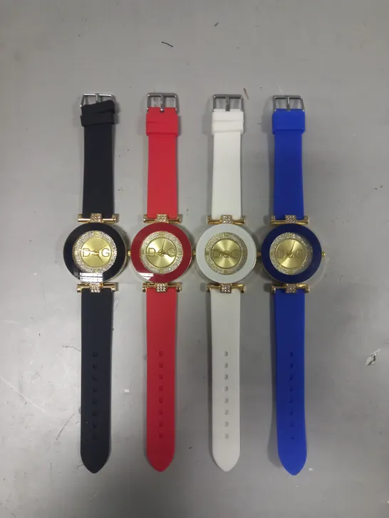 FOUR ASSORTED DQG WATCHES IN VARIOUS COLOURS W. DIAMANTE EFFECT