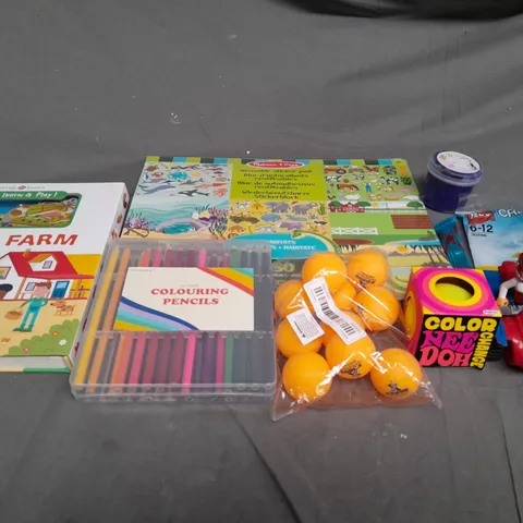 MEDIUM BOX OF ASSORTED TOYS AND GAMES TO INCLUDE LEGO, PENCIL CRAYONS AND ACTIVITY BOOKS