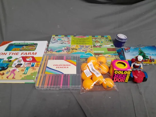 MEDIUM BOX OF ASSORTED TOYS AND GAMES TO INCLUDE LEGO, PENCIL CRAYONS AND ACTIVITY BOOKS