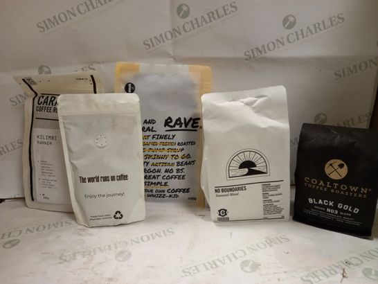 LOT OF 5 ASSORTED COFFEE PACKS TO INCLUDE RAVE , COALTOWN , CARAVAN COFFEE ROASTERS