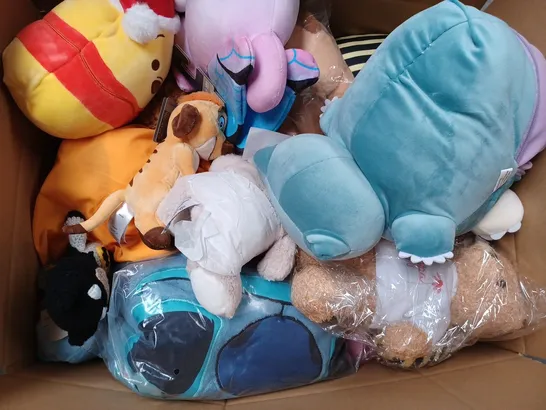 BOX OF APPROX 15 ASSORTED STUFFED TOYS TO INCLUDE - DISNEY WINNIE THE POOH - SNORLAX - SQUISHMALLOWS SUNNY ECT 