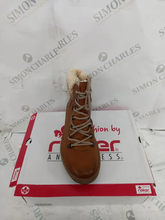 BOXED PAIR OF RIEKER LACE UP ANKLE BOOTS - TAN - UK SIZE 5