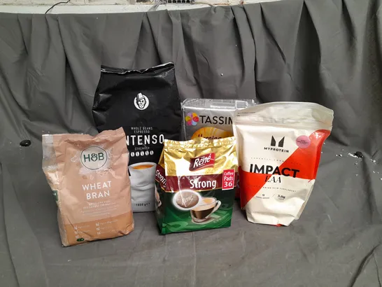 15 ASSORTED FOOD ITEMS TO INCLUDE MY PROTEIN PINK GRAPEFRUIT FLAVOURED EAA, H&B WHEAT BRAN, WHOLE BEANS ESPRESSO (1KG), TASSIMO MORNING CAFE PODS AND CAFE RENE CREME STRONG COFFEE PADS- COLLECTION ONL