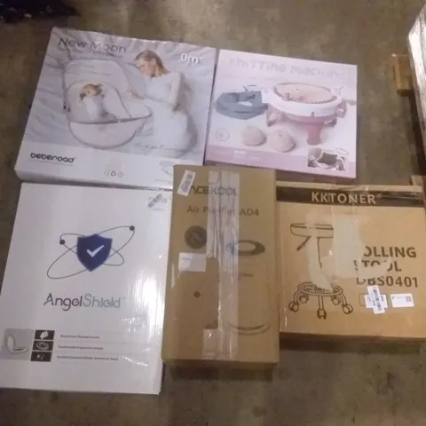 PALLET OF ASSORTED ITEMS INCLUDING ANGELSHIELD TOILET SEAT, ACEKOOL AIR PURIFIER, KKTONER ROLLING STOOL, KNITTING MACHINE, NEW MOON TRAVEL BASSINET & CO SLEEPER, RACLETTE GRILL