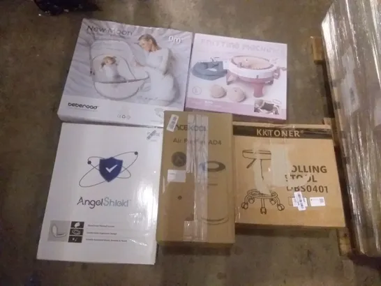 PALLET OF ASSORTED ITEMS INCLUDING ANGELSHIELD TOILET SEAT, ACEKOOL AIR PURIFIER, KKTONER ROLLING STOOL, KNITTING MACHINE, NEW MOON TRAVEL BASSINET & CO SLEEPER, RACLETTE GRILL