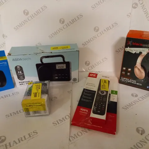 BOX OF APPROX 20 ASSORTED ITEMS INCLUDING ONE FOR ALL UNIVERSAL REMOTE, RAPOO WIRELESS MOUSE AND ASDA TECH AM/FM RADIO