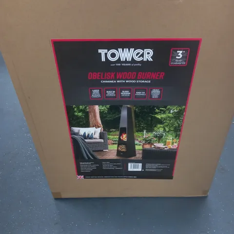 BOXED TOWER OBELISK WOOD BURNER - CHIMINEA WITH WOOD STORAGE