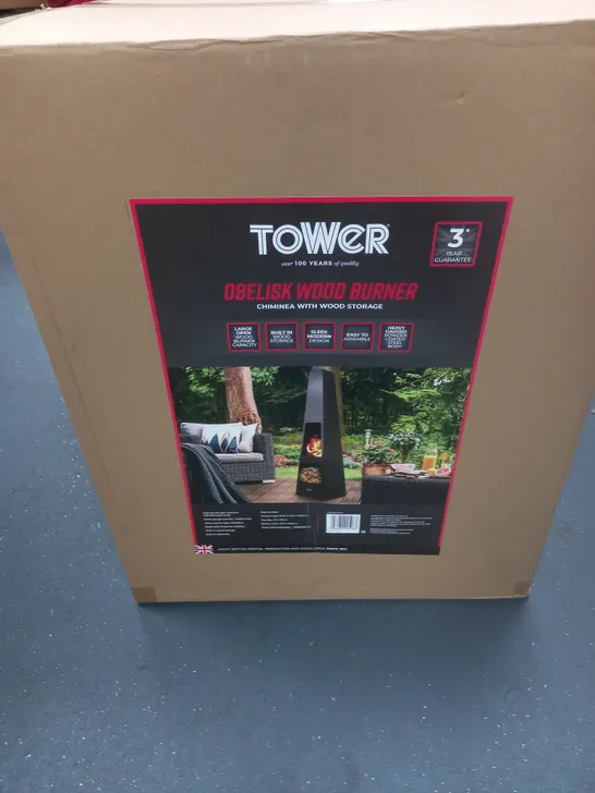 BOXED TOWER OBELISK WOOD BURNER - CHIMINEA WITH WOOD STORAGE