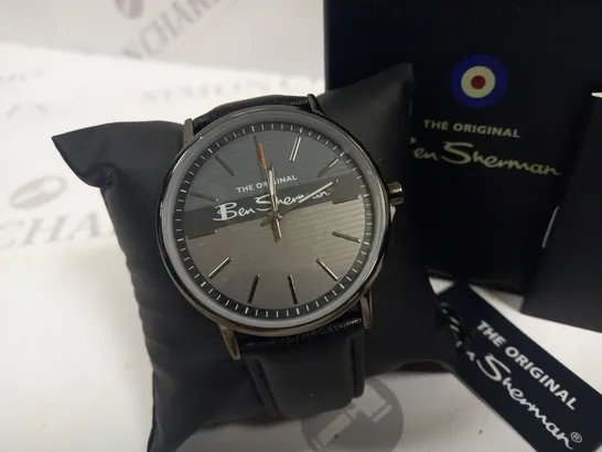 BOXED BEN SHERMAN STAINLESS STEEL BACK WATCH WITH BLACK LEATHER STRAP