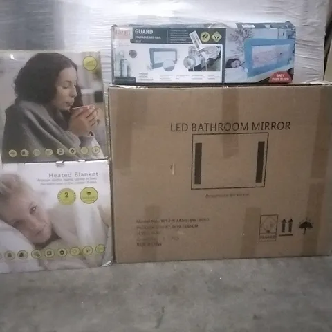 PALLET OF ASSORTED BOXED ITEMS INCLUDING, LED BATHROOM MIRROR, MONHOUSE HEATED BLANKET & HEATED CUSHION AND TATCRAFT FOLDABLE BED RAIL 