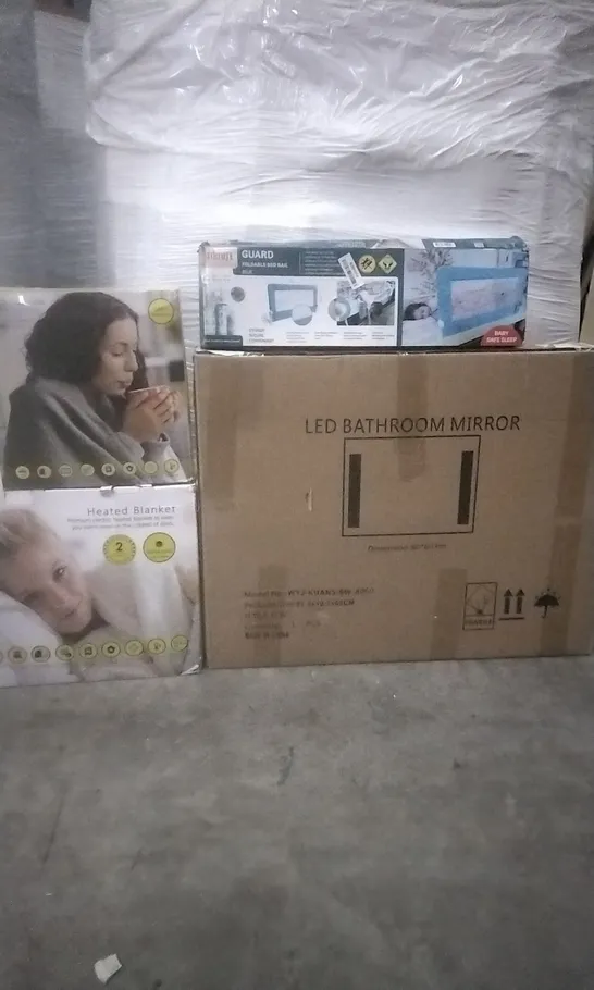 PALLET OF ASSORTED BOXED ITEMS INCLUDING, LED BATHROOM MIRROR, MONHOUSE HEATED BLANKET & HEATED CUSHION AND TATCRAFT FOLDABLE BED RAIL 