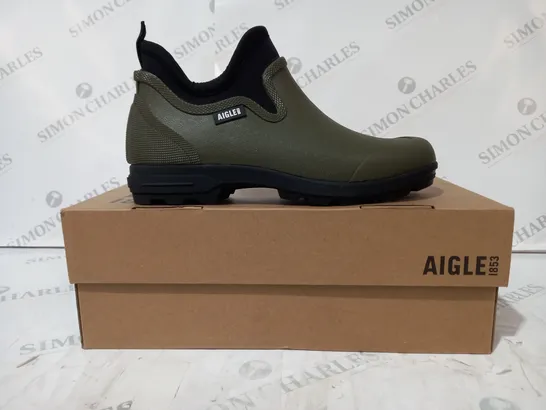 BOXED PAIR OF AIGLE 1853 WATERPROOF ANKLE BOOTS IN OLIVE UK SIZE 6.5