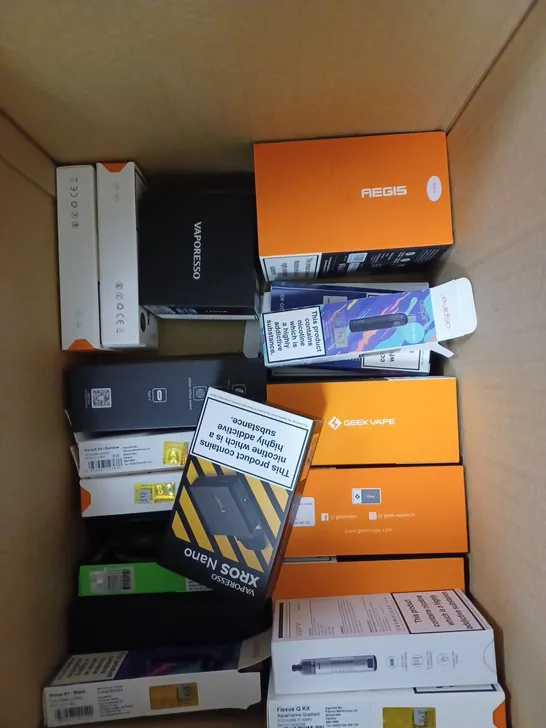 BOX OF APPROXIMATELY 30 E-CIGARETTE PRODUCTS TO INCLUDE ASPIRE POCKEX, ARGUS XTKIT, GEEKVAPE S100 ETC