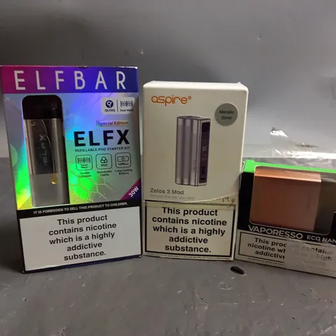 APPROXIMATELY 20 VAPES & E-CIGARETTES TO INCLUDE ASPIRE ZELOS 3 MOD, ELFBAR EFLX, VAPORESO ECO NANO, ETC