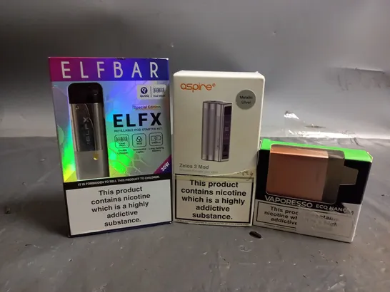 APPROXIMATELY 20 VAPES & E-CIGARETTES TO INCLUDE ASPIRE ZELOS 3 MOD, ELFBAR EFLX, VAPORESO ECO NANO, ETC