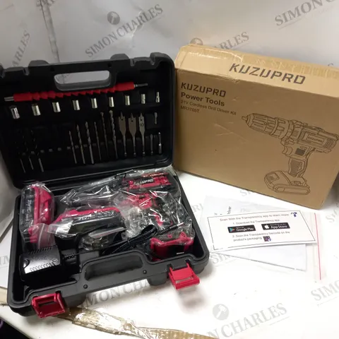 BOXED KUZUPRO 21 VOLT CORDLESS DRILL WITH POWER SUPPLY, 2 21V BATTERIES, ACCESSORIES AND INSTRUCTIONS