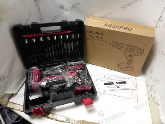 BOXED KUZUPRO 21 VOLT CORDLESS DRILL WITH POWER SUPPLY, 2 21V BATTERIES, ACCESSORIES AND INSTRUCTIONS