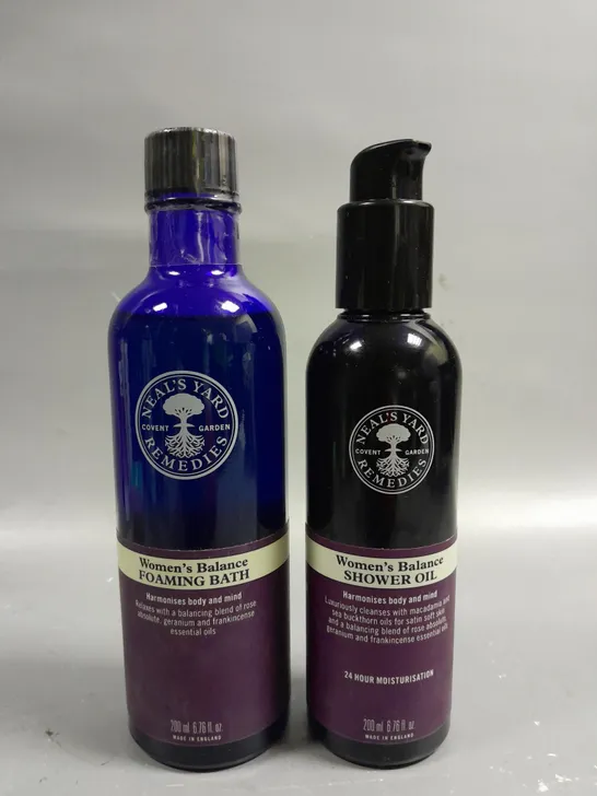 2 HEALTH AND BEAUTY ITEMS TO INCLUDE NEALS YARD WOMENS BALANCE SHOWER OIL (200ML) AND FOAMING BATH (200ML)