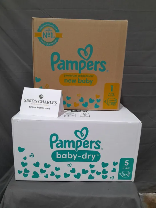 LOT OF 2 MULTIPACK BOXES OF PAMPERS NAPPIES INCLUDES SIZES 1 & 5