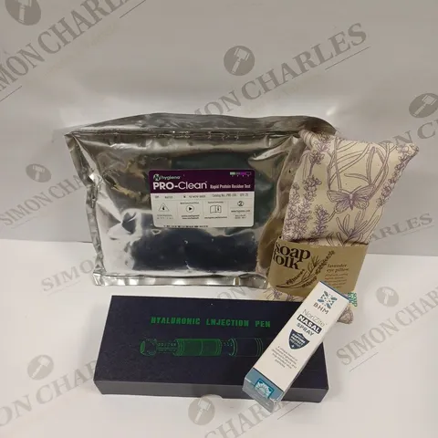 APPROXIMATELY 20 ASSORTED HEALTH PRODUCTS TO INCLUDE HYALURONIC INJECTION PEN, BHM NORIZITE NASAL SPRAY, RAPID PROTEIN RESIDUE TEST, SOAP FOLK LAVENDER EYE PILLOW ETC.