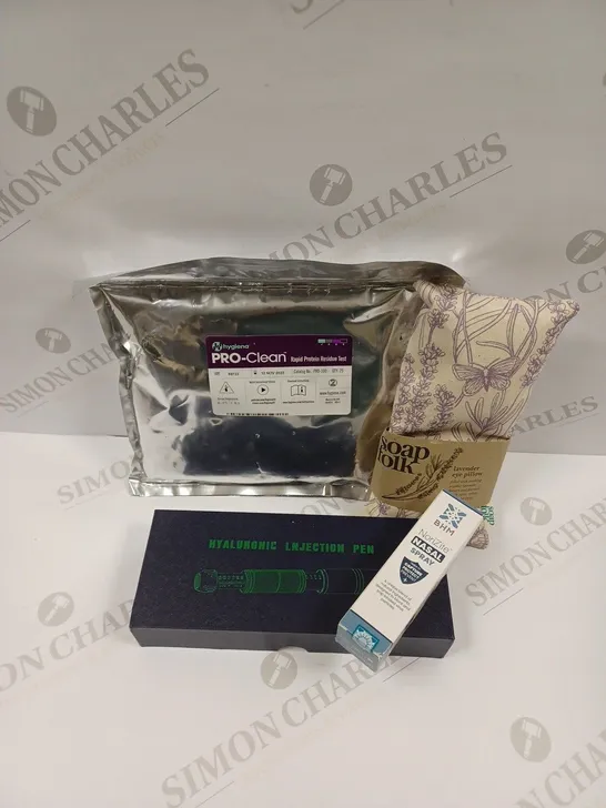 APPROXIMATELY 20 ASSORTED HEALTH PRODUCTS TO INCLUDE HYALURONIC INJECTION PEN, BHM NORIZITE NASAL SPRAY, RAPID PROTEIN RESIDUE TEST, SOAP FOLK LAVENDER EYE PILLOW ETC.