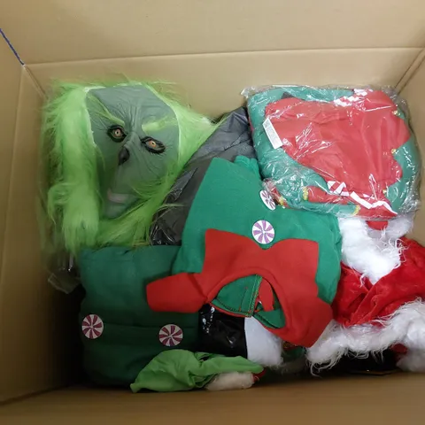 LOT OF MANY FANCY DRESS ITEMS AND CLOTHING TO INCLUDE THE GRINCH, AND OTHER CHRISTMAS RELATED ITEMS. 