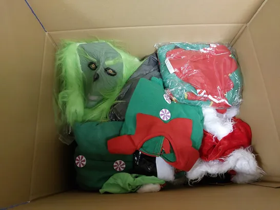 LOT OF MANY FANCY DRESS ITEMS AND CLOTHING TO INCLUDE THE GRINCH, AND OTHER CHRISTMAS RELATED ITEMS. 