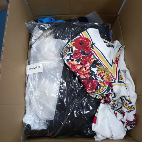 BOX OF ASSORTED CLOTHING ITEMS TOO INCLUDE JUMPERS, SHIRTS AND TROUSERS IN VARIOUS SIZES AND COLOURS   