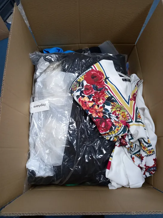 BOX OF ASSORTED CLOTHING ITEMS TOO INCLUDE JUMPERS, SHIRTS AND TROUSERS IN VARIOUS SIZES AND COLOURS   