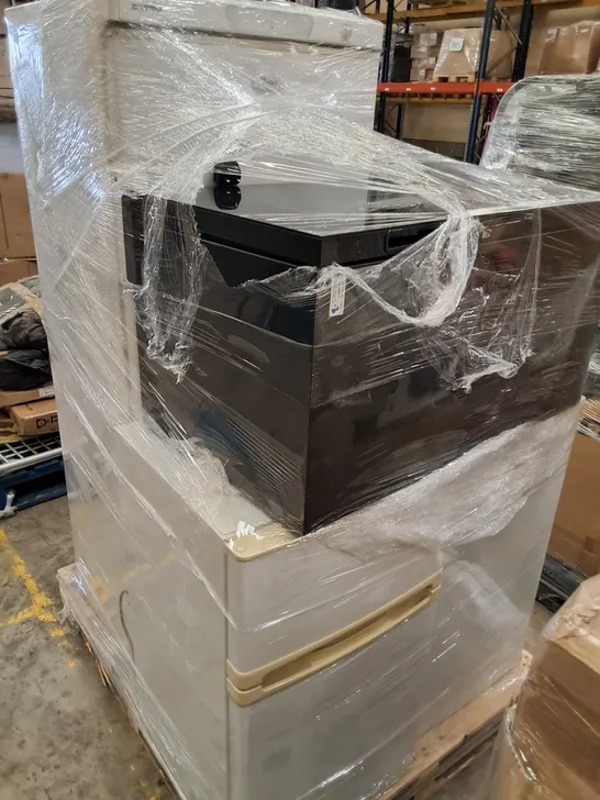 PALLET CONTAINING 4 ASSORTED HOME APPLIANCE ITEMS TO INCLUDE WHIRLPOOL, FRIDGE MASTER AND WINE COOLER