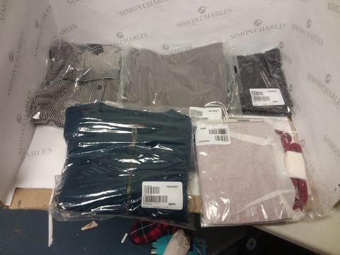 BOX OF APPROXIMATELY 50 ASSORTED DESIGNER CLOTHING ITEMS TO INCLUDE DESIGNER BLUE JACKET, COCO BLANCO STRIPE SHIRT DRESS, DESIGNER GREY TROUSERS ETC