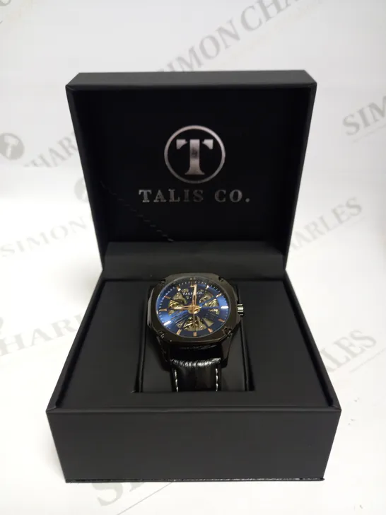 MEN’S TALIS CO AUTOMATIC WATCH – BLUE SKELETON DIAL – GENUINE LEATHER STRAP – GLASS BACKCASE