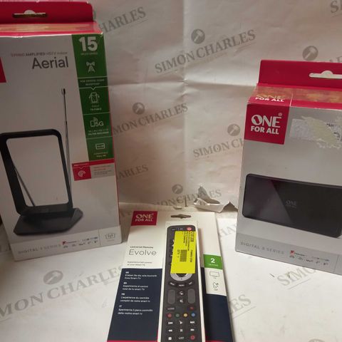 LOT OF APPROX 5 ONE FOR ALL ITEMS TO INCLUDE UNIVERSAL REMOTE, INDOOR ANTENNA AERIAL, INDOOR WIDE ANGLE AERIAL