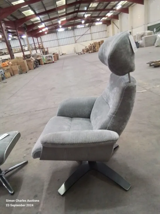 QUALITY FABRIC UPHOLSTERED GREY SWIVEL RECLINING ARMCHAIR AND FOOTSTOOL 