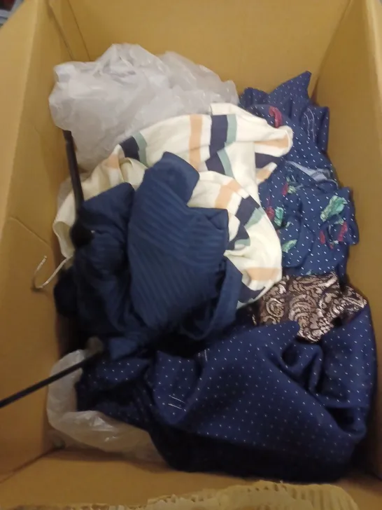 LARGE BOX OF ASSORTED CLOTHING TOO INCLUDE TOPS DRESSES AND TROUSERS ALL IN DIFFERENT COLOURS AND SIZES 