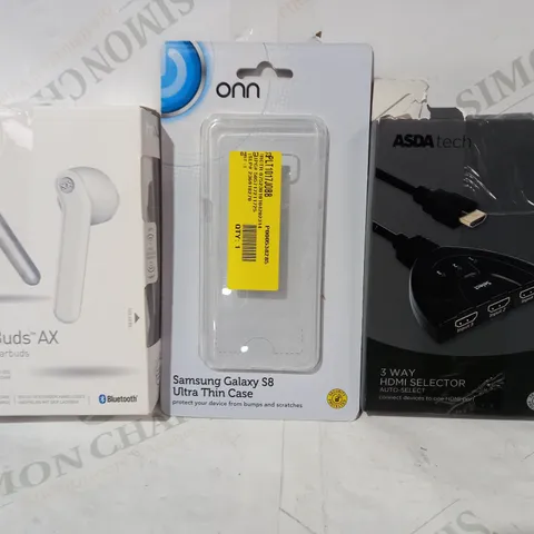 BOX OF APPROXIMATELY 15 ASSORTED ELECTRICAL ITEMS TO INCLUDE ASDA TECH 3 WAY HDMI SELECTOR, ONN SAMSUNG GALAXY S8 THIN CASE, MIXX STREAMBUDS AX TRUE WIRELESS EARBUDS, ETC