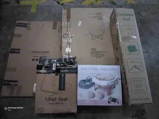 PALLET OF ASSORTED ITEMS INCLUDING FABIAN CLARKE PHOTO FRAMES, TOILET SEAT, CHRISTMAS TREE, KNITTING MACHINE, YUDA COFFEE TABLE, XGEAR HARD ARM LUMBAR SUPPORT CAMPING CHAIR