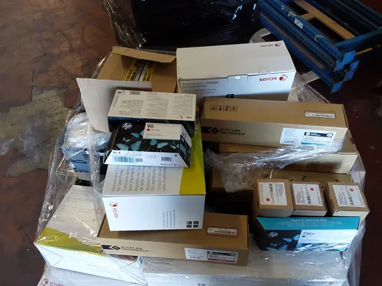 PALLET OF APPROXIMATELY 70X BOXES OF BRAND NEW ASSORTED PRINTER CARTRIDGES FROM BRANDS INCLUDING; HP, XEROX, PANASONIC, CANON, KATUN, DATAPRODUCTS ECT AND 11 ROLLS OF PREMIUM PRINTER WAX