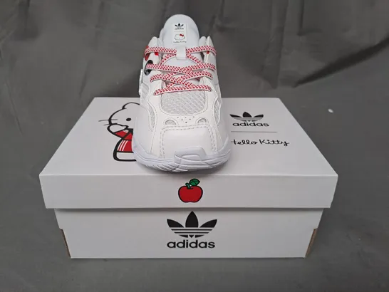 BOXED PAIR OF ADIDAS HELLOW KITTY KIDS SHOES IN WHITE/RED UK SIZE 8.5