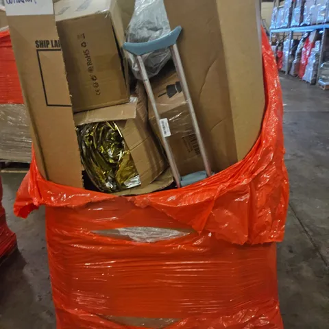 PALLET OF ASSORTED ITEMS, INCLUDING, CHRISTMAS TREES, PAIR CRUTCHES, BOXED FURNITURE.