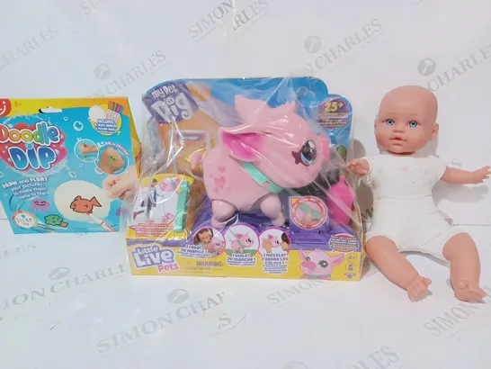 BOX OF APPROXIMATELY 8 ASSORTED TOYS AND GAMES TO INCLUDE BABY DOLL, MY PET PIG, DOODLE N' DIP, ETC