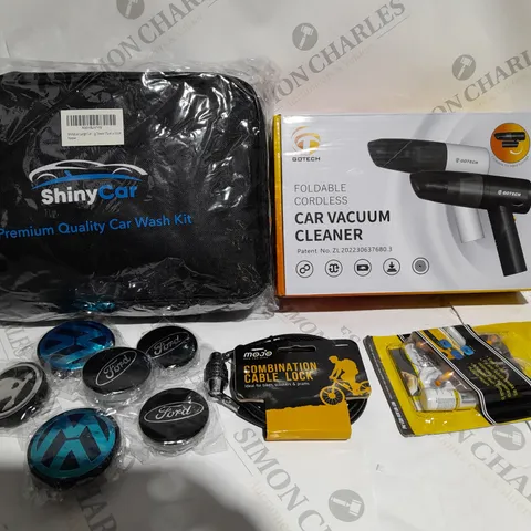 BOX OF APPROXIMATELY 20 ITEMS TO INCLUDE QUALITY CAR WASH KIT, CAR VACUUM CLEANER, CABLE LOCK ETC