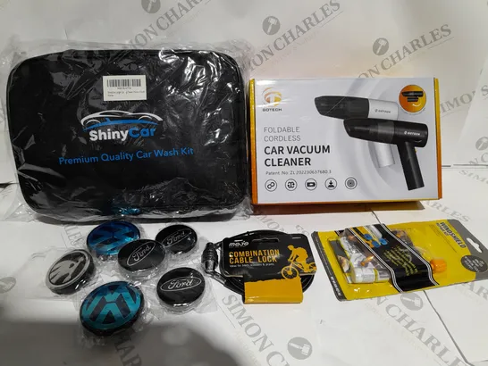 BOX OF APPROXIMATELY 20 ITEMS TO INCLUDE QUALITY CAR WASH KIT, CAR VACUUM CLEANER, CABLE LOCK ETC