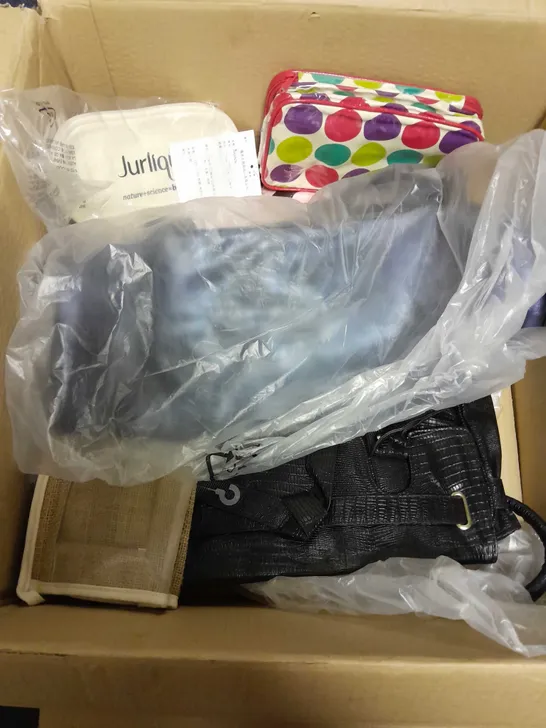 BOX OF APPROXIMATELY 12 ASSORTED ACCESSORIES TO INCLUDE HANDBAGS AND COSMETIC BAGS