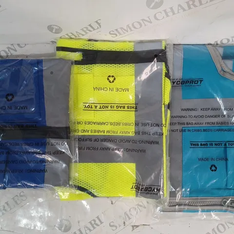 APPROXIMATELY 5 ASSORTED HI-VIS SAFETY VESTS IN VARIOUS COLOURS AND SIZES