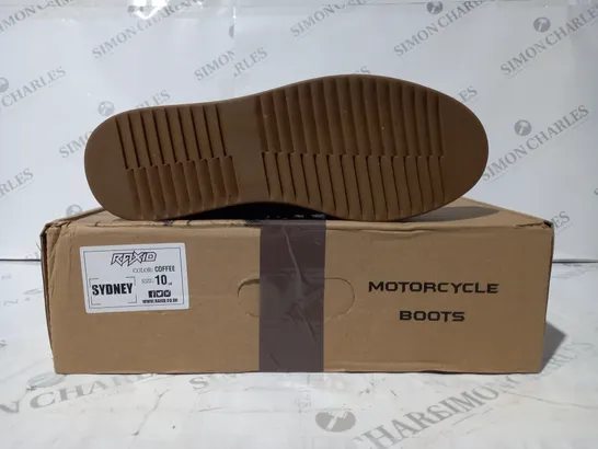 BOXED PAIR OF RAXID MOTORCYCLE BOOTS IN COFFEE COLOUR UK SIZE 10