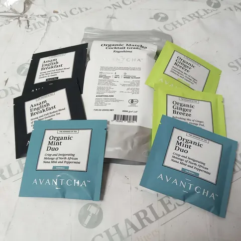 APPROXIMATELY 900 ASSORTED AVANTCHA TEA BAGS IN AN ASSORTMENT OF ORGANIC MINT DUO, ORGANIC GINGER BREEZE AND ASSAM ENGLISH BREAKFAST AND FIVE AVANTCHA ORGANIC MATCHA COCKTAIL GRADE 200G SACHETS