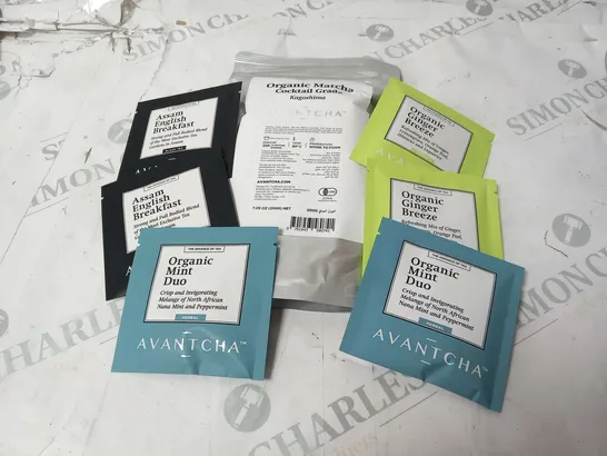 APPROXIMATELY 900 ASSORTED AVANTCHA TEA BAGS IN AN ASSORTMENT OF ORGANIC MINT DUO, ORGANIC GINGER BREEZE AND ASSAM ENGLISH BREAKFAST AND FIVE AVANTCHA ORGANIC MATCHA COCKTAIL GRADE 200G SACHETS