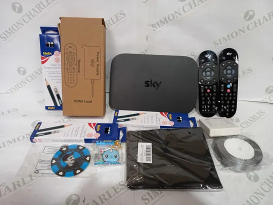 BOX TO CONTAIN APPROX 20 X ASSORTED HOUSEHOLD PRODUCTS, INCLUDES SKY BOX WITH SEVERAL REMOTES, HELIX PENCILS, SELFIE STICK ETC 