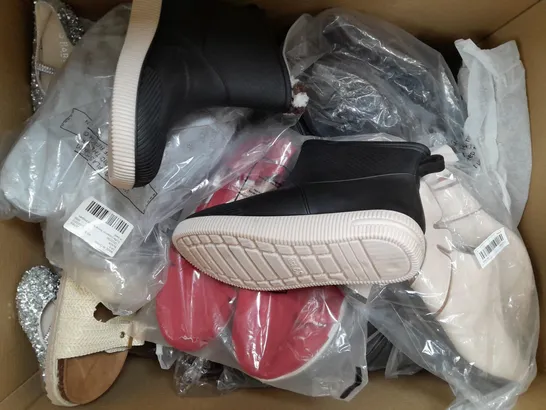 BOX OF APPROXIMATELY 15 ASSORTED PAIRS OF SHOES AND FOOTWEAR ITEMS IN VARIOUS STYLES AND SIZES TO INCLUDE CLARKS, SPORT, GEOX, ETC